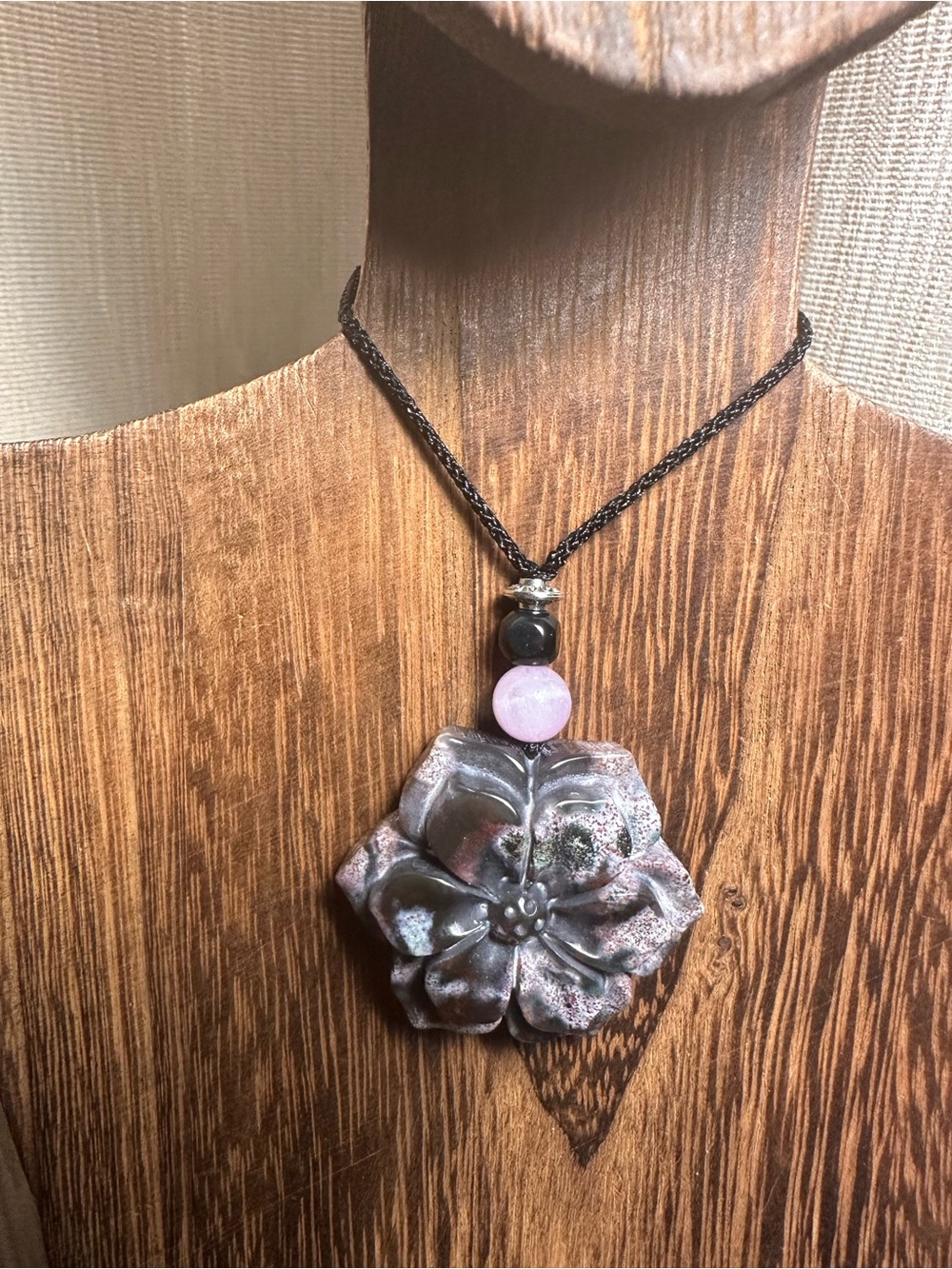 Ocean Jasper Pendant Necklace with Kunzite on Thin Black Adjustable Rope - Picture 9 of 16